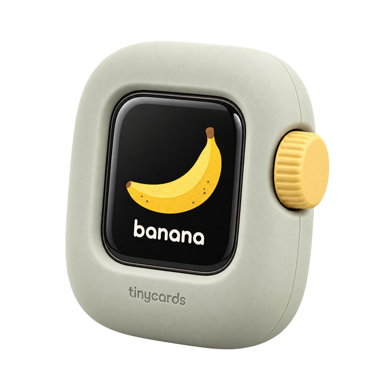 Three-quarter view of the Pebble case displaying an illustrated banana flashcard
